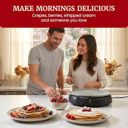 Elite Gourmet 12" Ceralast™ PFAS-Free Ceramic Nonstick Crepe Maker & Griddle, Adjustable Temperature Control, Dual Indicator Lights, Batter Spreader Included, For Crepes, Pancakes & Quesadillas, Black