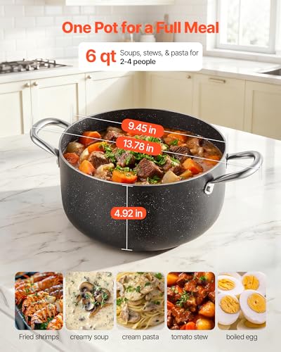 VEVOR Aluminum Stock Pot, 6-Quart Nonstick Ceramic Coated Pot with Glass Lid, PFOA-Free, PFAS-Free, Compatible with Gas Stoves, Induction Cooktops, Electric Stoves, for Soups, Stews, and Pasta