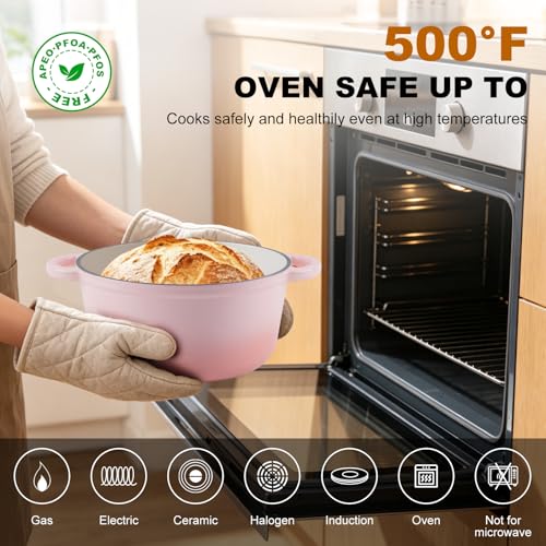 WOKINS Enameled Cast Iron Dutch Oven - 5.5QT Pot with Lid,Oven Safe to 500°F,Heavy-Duty Cookware for Sourdough Bread Baking,Braising,Stews,Roasting Pink