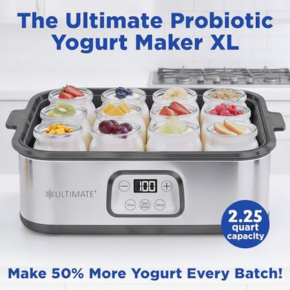 Ultimate Probiotic Yogurt Maker XL with 50% More Capacity, Adjustable Time & Temp Control, Make Trillions of Live Probiotics at Home to Support Gut Health, UNLIMITED LIFETIME WARRANTY (12-Jar Model)