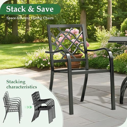 Oakcloud 5-Piece Patio Dining Set, Outdoor Metal Furniture Dining Table Set 4 Stackable Patio Dining Chairs and Square Dining Table with Umbrella Hole, Black
