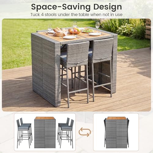 Tangkula 5 Piece Wicker Outdoor Bar Set, Patiojoy Acacia Wood Patio Table and Chairs Set with Bar Height Table & 4 Rattan Bar Stool, Backrest and Footrest for Pool Backyard Deck