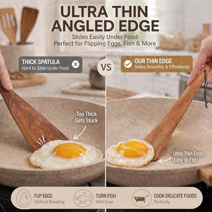 ZenyLumi Wooden Spatula Set of 2, Acacia Wood Cooking Utensils with Thin Angled Edge, Nonstick Safe Wood Turner, Lightweight Kitchen Spatula 10" & 12" for Flipping, Stir Fry, Mixing