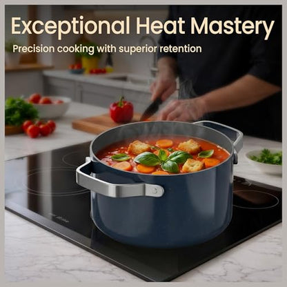 Bakken 12.5 Quart Ceramic Coated Stock Pot with Lid, Easy Clean Nonstick Pot, Tempered Glass Lid, Riveted Stainless Steel Handles, Oven Safe Up To 500°F, PTFE & PFAS Free, All Stove Compatible, Blue