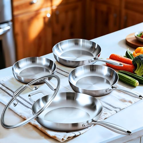 LOLYKITCH 8+10+12 Inch+14 Inch with A Lid, Tri-Ply Stainless Steel Frying Pan Set– Professional Skillet Fast & Even Heating, Induction & Oven Safe Cookware for Modern Home Kitchens