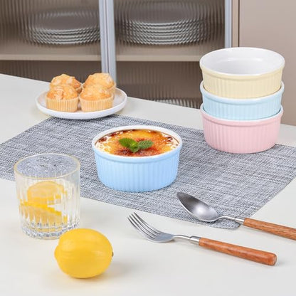 NUTRIUPS Ceramic Ramekins 14oz Oven Safe Set of 4, Porcelain Pudding Cups for Creme Brulee Souffle, Ceramic Ramekins Set for Baking (Yellow+Pink+Blue+Mint Green)