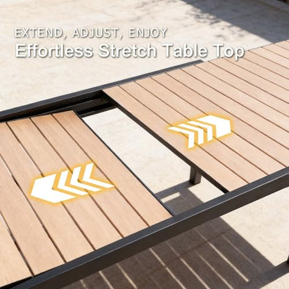 SUNSITT 9 Piece Outdoor Patio Dining Set, 63" - 105" Aluminum Expandable Outdoor Dining Table w/Thermal Transfer Wood Grain Tabletop, 8 Woven Wicker Patio Chairs w/WPC Armrests for Garden