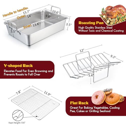 E-far 14 x 10.6 Inch Roasting Pan, Stainless Steel Turkey Roaster with V Rack & Baking Rack Set, Small Heavy Duty Deep Broiling Pan for Oven Cooking Lasagna Meat Chicken - Dishwasher Safe