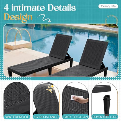 Greesum Outdoor Chaise Lounge Chairs Set of 2 with 5-Position Adjustable Backrest, Waterproof PP Sun Loungers for Garden Pool Beach Patio Deck Sunbathing, Black