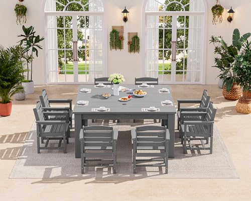 SERWALL Patio Dining Sets for 8, Outdoor Dining Sets for 8 Person with 2 Umbrella Hole Cut-Out Rectangular Tables and 8 Chairs, HDPE Dining Sets for Garden, Backyard, Poolside, Gray
