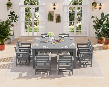 SERWALL Patio Dining Sets for 8, Outdoor Dining Sets for 8 Person with 2 Umbrella Hole Cut-Out Rectangular Tables and 8 Chairs, HDPE Dining Sets for Garden, Backyard, Poolside, Gray