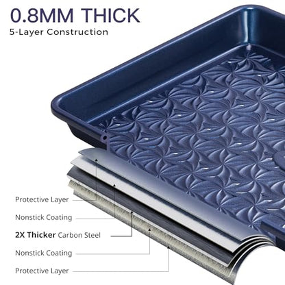 HONGBAKE Nonstick Baking Sheet Pan Set of 3, Cookie Sheets for Oven, Non-Toxic Half/Quarter/Jelly Roll Pans with Floral Swirl Texture, Heavy Duty 0.8mm Thick Oven Trays for Cooking, Blue