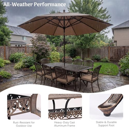 Redlife 9-Piece Cast Aluminum Outdoor Dining Set, 86" Rectangular Patio Table with Umbrella Hole, 8 Stackable Chairs with Cushions, Lattice Backrest, All-Weather Waterproof Patio Furniture Set
