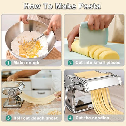 AIMEIKI Manual Pasta Maker Machine, Stainless Steel Pasta Maker with 9 Adjustable Thickness Settings 2 in 1 Noodle Maker with Rollers and Cutter, Perfect for Spaghetti, Fettuccini, Lasagna & More