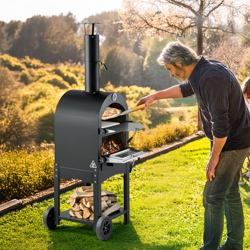 VEVOR Portable Outdoor Oven, 12-inch Stand Pizza Oven with Casters, Pellet & Chips & Charcoal & Firewood Four Fuel, Baked Paint Pizza Grill, Includes Pizza Stone, Pizza Shovel, for Camping & Backyard
