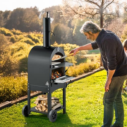 VEVOR Portable Outdoor Oven, 12-inch Stand Pizza Oven with Casters, Pellet & Chips & Charcoal & Firewood Four Fuel, Baked Paint Pizza Grill, Includes Pizza Stone, Pizza Shovel, for Camping & Backyard