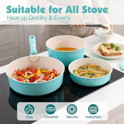 SENSARTE 24 Piece Ceramic Pots and Pans Set, Nonstick Detachable Handle Cookware, Induction Cookware Set with Removable Handle, Healthy Non Stick for RV, Dishwasher＆Oven Safe, PFOA Free (Turquoise)