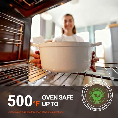 Overmont Enameled Cast Iron Dutch Oven - 5.5QT Pot with Lid Cookbook & Cotton Potholders - Heavy-Duty Cookware for Braising, Stews, Roasting, Sourdough Baking White