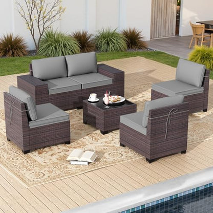 Gotland 6 Pieces Patio Furniture Set with 1 Coffee Table, 5 Seater Rattan Outdoor Sectional with Wide Armrests 29.5'' High Backrest Thick Waterproof Cushions, Conversation Sets for Deck Garden Gray