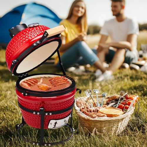Outvita 13" Round Kamado Charcoal Grill, Portable Ceramic Barbecue Grill with Thermometer for Variations on Cooking Methods(Red)