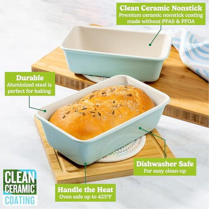 Tasty Clean Ceramic Loaf Pan Set, 2-Pack of 9-Inch x 5-Inch Cake Pans, Durable Aluminized Steel for Professional Results, Clean Ceramic Nonstick Coating, Oven Safe to 425°F, Dishwasher Safe, Aqua