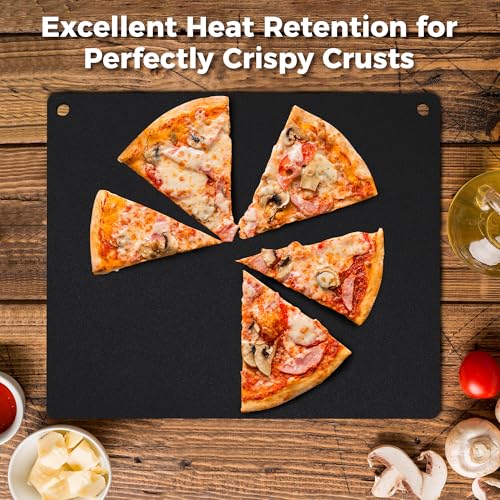 Large Cast Iron Pizza Stone Set for Oven & Grill - 16x13.4x1/4 Inch Steel Pizza Baking Stone, 4 PCS Pizza Making Accessories Kit for Barbecue, Sourdough Bread & Large Pizzas