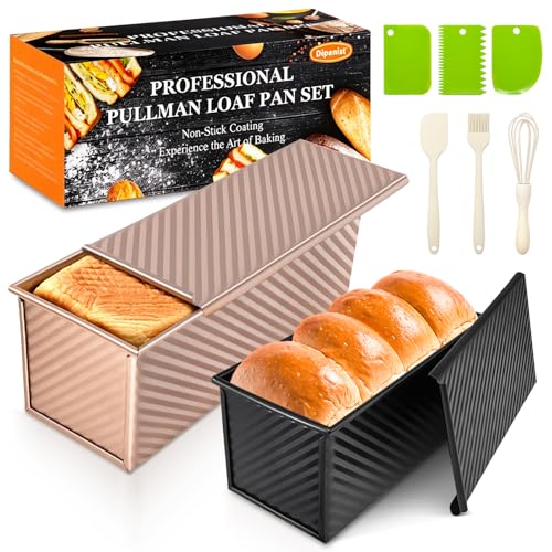 Dipanist 2Pack Pullman Loaf Pans with Lids – 2.2 LB & 1 LB Dough Capacity, Non-Stick Carbon Steel Bread Pans for Homemade Sandwich and Sourdough Bread, Corrugated Toast Mold