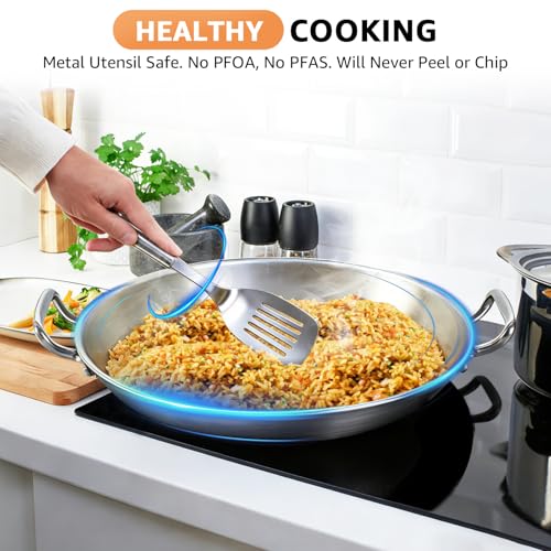 LOLYKITCH 16 Inch Tri-ply Stainless Steel Paella Pan, Detachable Handle Skillet, Induction Compatible Flat Bottom, Rust Proof & Warp Resistant, Large Oven Safe Cookware for Family of 8-10