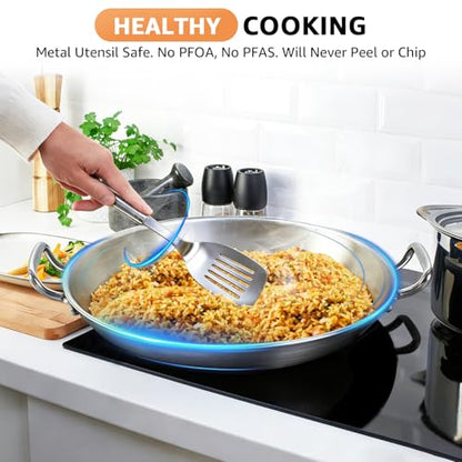 LOLYKITCH 16 Inch Tri-ply Stainless Steel Paella Pan, Detachable Handle Skillet, Induction Compatible Flat Bottom, Rust Proof & Warp Resistant, Large Oven Safe Cookware for Family of 8-10
