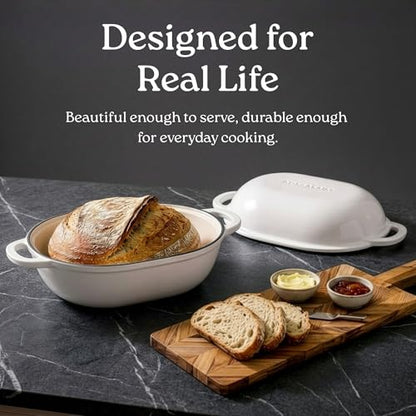 ROSSALLINI Signature Enameled Cast Iron Sourdough Bread Oven | Non-Stick with Tight Fitting Lid for Perfect Baking and Bread Making | 2QT Oval Oven With Lid [Oyster Grey]