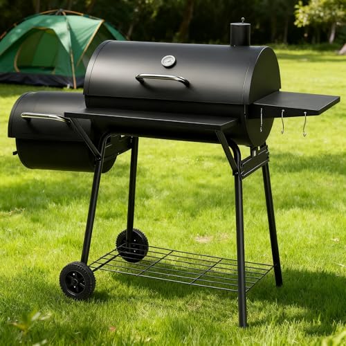 BBQ Charcoal Grill and Offset Smoker with Wheels & Side Front Table,Outdoor BBQ Grill with 557 Sq. In.,Patio Barbecue Cooker,Grilling Space for Outdoor Backyard,Balcony,Patio and Parties