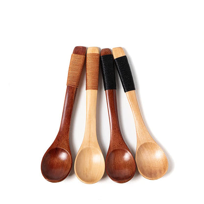 sansheng 4 Pcs Mini Wooden Spoons, Wood Soup Spoons For Eating Mixing Stirring Cooking, Handle Spoon With Japanese Style Kitchen Utensil, With Tied Line On Handle(13cm)