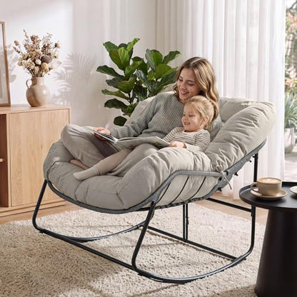 Bifanuo Oversized Egg Rocking Chair for Indoor Outdoor – All-Weather Wicker Rattan Lounge Chair with Cushion Patio Rocker for Porch Garden or Balcony (Beige)