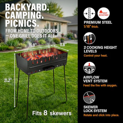 MHH Charcoal Grill for 8 Skewers - Portable Barbecue 16.9""×11.8""×21,2"" Kabob Camp Grills - Foldable Metal Mangal - Kebab Shish - BBQ for EDC Picnic Outdoor Cooking (Skewers Not Included)