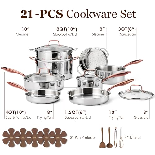 CAROTE 21pcs Tri-Ply Stainless Steel Cookware Set, Pots and Pans Set, Non Toxic Induction Kitchen Cooking Sets, Cookware Collection, Mirror Polish, Gold