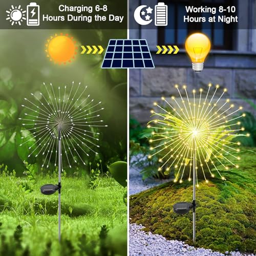 YaaFen Solar Garden Lights Outdoor, 2 Pack 120 LED Twinkling Firework Lights Decorative with 2 Modes, Outdoor Waterproof Solar Starburst Light for Outside Yard Pathway Garden Decor, Warm White