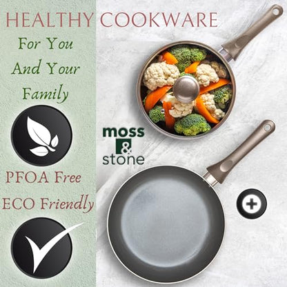 Moss & Stone 6 Pcs Dark Grey Nonstick Cookware Set, Pots And Pans Set Non stick With Glass Lid, Induction Cookware, Stay-Cool Handle PTFE/PFOA Kitchen Pots 6-Piece with Frying Pans & Saucepan
