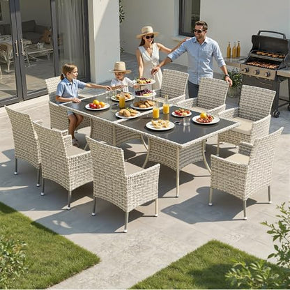 Muphyers 10-Piece Patio Dining Set, Patio Furniture Set with Square Tempered Glass Table & 8 Wicker Chairs, Expandable Design for Larger Groups, Outdoor Furniture for Backyard, Deck, Garden, Beige