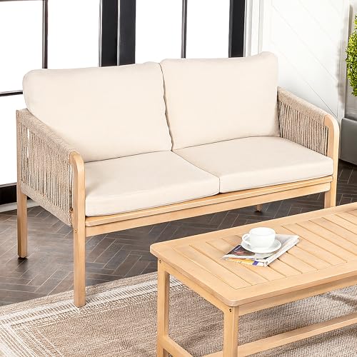 JONATHAN Y Arwen Bohemian 49" Acacia Outdoor Loveseat, Beige/Light Teak