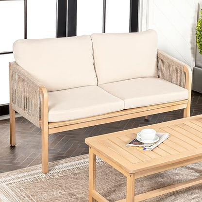 JONATHAN Y Arwen Bohemian 49" Acacia Outdoor Loveseat, Beige/Light Teak