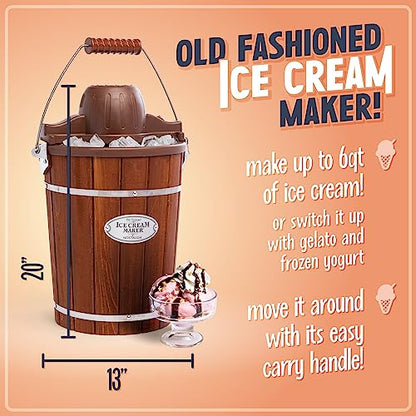 Nostalgia Electric Ice Cream Maker With 6 Qt Capacity - Old Fashioned Ice Cream Machine Makes Frozen Yogurt or Gelato in Minutes- Vintage Wooden Style Ice Cream Maker with Aluminum Canister- Dark Wood