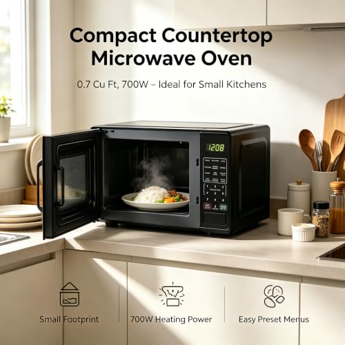 0.7 Cu Ft 700W Compact Countertop Microwave Oven Black Small Microwave with Turntable Defrost Child Lock for Kitchen Dorm Office