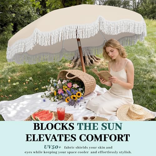 AreShark 7ft Patio Umbrella with Fringe, UPF50+ Beach Umbrella for Table, Pool & Garden, Portable Outdoor Tassels Umbrella w/Fiberglass Ribs&Push Bottom Tilt(Ivory)