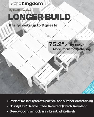 Patio Kingdom White 9-Piece Outdoor Dining Set with Beige 11FT Cantilever Umbrella, 75.2'' HDPE Table & Chairs for 8, Weather-Resistant Furniture with Umbrella Hole for Patio, Lawn, Poolside