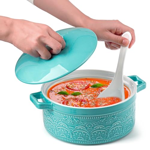Elsjoy 2 Quart Round Ceramic Casserole Dish with Lid, 7.5 Inch Covered Casserole for Oven, Glazed Ceramic Baking Dish Vintage Bakeware for Kitchen, Turquoise