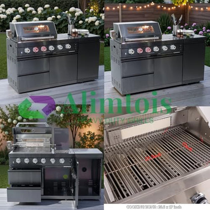 Alimtois BBQ Island Outdoor Kitchen: 46-Inch 4-Burner 72000 BTU Modular Outdoor Grill Islands + Side Burner + Rotisserie + Granite Countertops for Backyard Family Gatherings Small Business