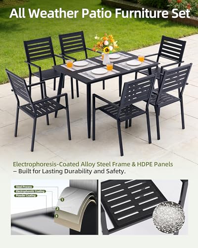 AZXZCS 10-Piece Outdoor Dining Set - Two 47.25" HDPE Patio Tables and 8 Stackable Armrest Chairs - All-Weather Rust-Proof Steel Frame for Garden, Deck(Black)