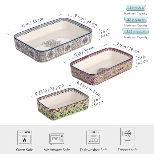 Casserole Dishes for Oven, Ceramic Baking Dishes Set of 3, Rectangular Lasagna Pans, Ceramic Bakeware Set for Baking, Roasting and Serving - Boho Style