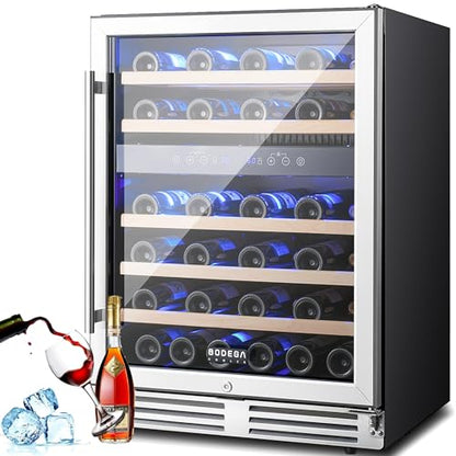 BODEGA 24 Inch Wine Cooler, Wine cooler refrigerator with Double-Layer Glass Door, Dual Zone Wine Fridge with Digital Temperature Control and Temperature Memory, 46 Bottles wine coolers for home.