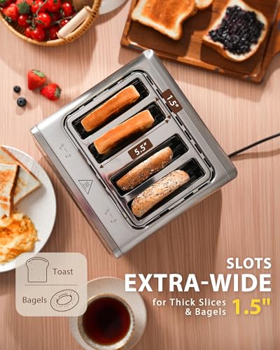 4 Slice Smart Toaster with Touchscreen, 1.5" Extra Wide Slots for Bagels & Thick Bread, Dual Independent Controls, 6 Bread Settings, Defrost, Reheat, Easy Clean, Stainless Steel, for Family Breakfast